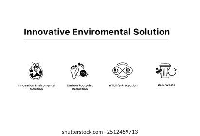 Vector icon set for eco-friendly environmental solutions. These black and white vector icons represent innovation, carbon footprint reduction, wildlife protection, and zero waste efforts icon. 