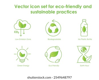 Vector icon set for eco-friendly and sustainable practices. Includes low emissions, biodegradable solutions, no plastic bottles, green energy, eco-friendliness, and Earth Hour symbols.