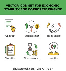 Vector icon set for economic stability and corporate finance. Includes security shield, savings, auction hammer, analytics, FAQ, and invoice.