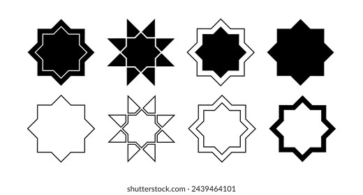 Vector icon set eight pointed star. Outline contour black silhouette arabic geometric design various elements.