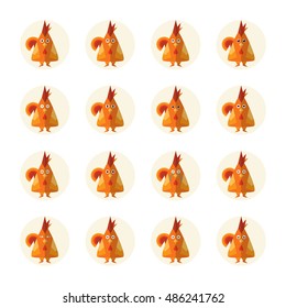 Vector icon set, elements for design. Illustration of red rooster, chicken in flat style. Round buttons, smiles, cartoon bird with funny face. Perfect for stickers, smiles, web buttons. Kawaii art