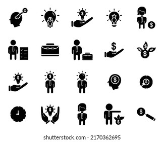 Icono vector conjunto de emprendedores. Contiene íconos como hombre de negocios, Idea, objetivos de negocio, intereses bancarios, dólares, ideas de negocio, etc. Sólido estilo icono, glifo. Diseño sencillo editable
