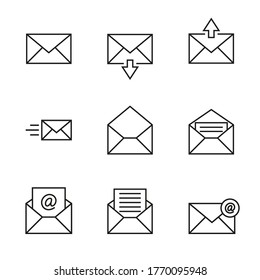 Vector icon set of envelopes, incoming and outgoing letters, mail, email.