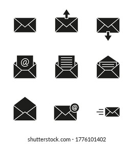 Vector icon set of envelopes, incoming and outgoing letters, mail, email.