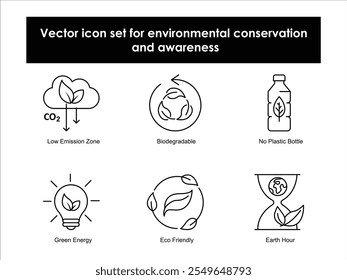 Vector icon set for environmental conservation and awareness. Features low CO2 zones, recycling, plastic alternatives, renewable energy, and eco-conscious practices.