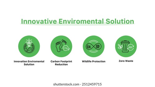 Vector icon set for environmental sustainability solutions., innovative eco-friendly solutions, including carbon footprint reduction, wildlife protection, zero waste icon with grean background. 