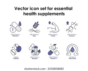 Vector icon set for essential health supplements. Depicts key nutrients like Vitamin E, Fiber, Protein, Calcium, Omega-3, and Vitamin C for overall wellness.