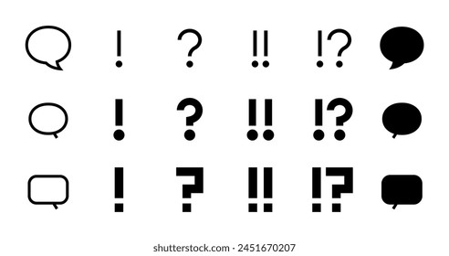 Vector icon set of exclamation point, question mark and speech bubble