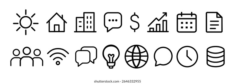Vector icon set featuring 18 modern, minimalistic symbols representing diverse business and digital concepts