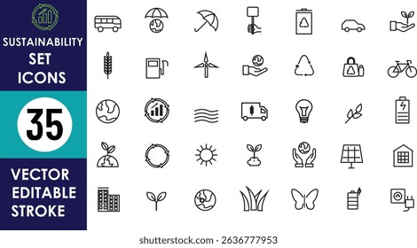 A vector icon set featuring 35 sustainability-themed line icons, including Earth, solar panel, recycling, wind turbine, bike, tree, leaf, butterfly, and battery