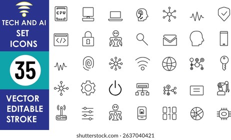 A vector icon set featuring 35 tech and AI symbols including CPU, fingerprint, network nodes, robot, email, power button, settings, face profile, and globe