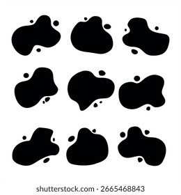 Vector icon set featuring abstract blob shapes with black silhouettes, modern design, organic forms, flowing artistic elements, and irregular objects. Design illustration.
