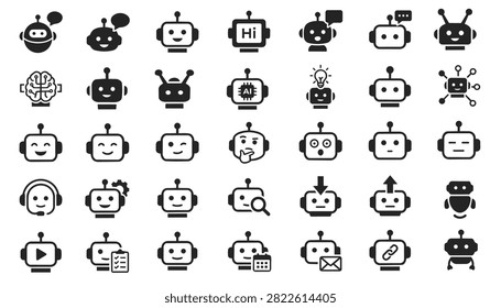 A vector icon set featuring AI robots, chatbots, and smart assistants in various styles with bold black lines on a white background. 35 icons in total.