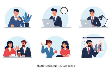 Conjunto de ícones vetoriais com profissionais de negócios em vários cenários de escritório trabalhando em laptops colaborando em reuniões e apresentando gráficos de dados Ideal para conteúdo corporativo e financeiro