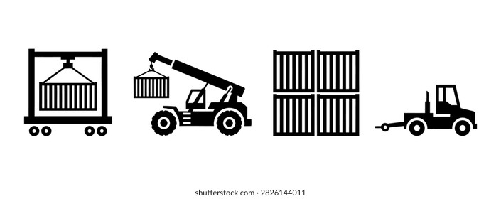Vector icon set featuring cargo handling equipment, including gantry crane, reach stacker, stacked containers, and terminal tractor at a freight port.