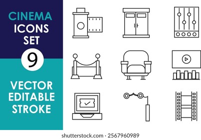 A  vector icon set featuring cinema-themed elements: film reel, projector, doors, soundboard, velvet rope, chair, screen, ticket, 3D glasses, and filmstrip