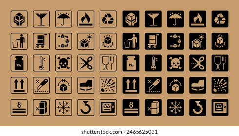 Vector icon set featuring diverse packaging symbol. Includes fragile, handle with care, recyclable, and more. Perfect for product packaging, shipping, and logistics designs. High quality and versatile