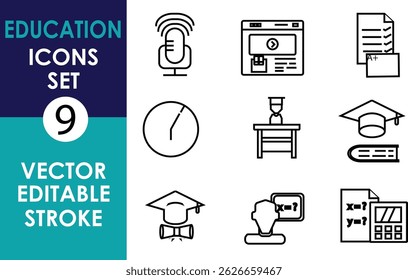 A vector icon set featuring education-themed elements: microphone, browser, documents, clock, desk, graduation cap, book, teacher, speech bubble, equations, and calculator. Clean, editable strokes