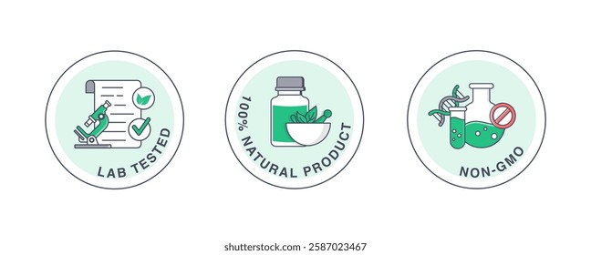 Vector icon set featuring Lab Tested Certification, 100% Natural Product, and Non-GMO Verification, designed for health, wellness, and organic product branding.