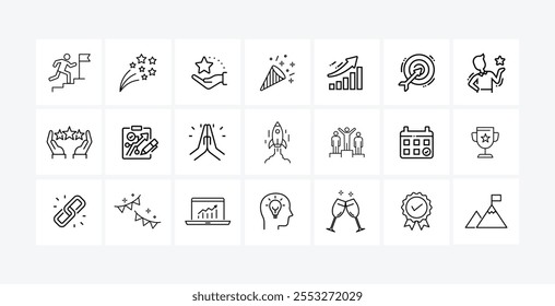 Vector icon set featuring line art designs of winners, trophies, and professional growth themes, perfect for business, success, and achievement visuals.