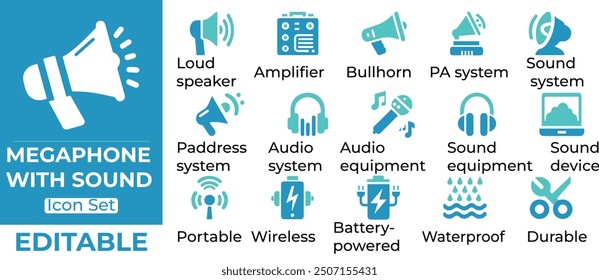 Vector icon set featuring megaphone, loudspeaker, amplifier, bullhorn, PA system, and audio equipment. Portable, wireless, battery-powered, waterproof, and durable