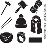 Vector icon set featuring minimalist solid black silhouettes of nine individual spinning, knitting, and yarn craft items, showcasing a collection of wool processing tools and handmade accessories including a top-whorl drop spindle, hand carder brush tool, skein ball of yarn, a pair of straight knitting needles, winter beanie hat with pompom, cozy winter scarf, ceramic yarn storage bowl with a spiral slot, digital finger ring row counter, and a simple rectangular label or tag template, isolated on a white background.