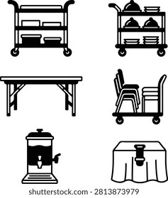 Vector icon set featuring minimalist solid black silhouettes of various catering equipment and event furniture items, including a utility cart, service trolley loaded with dishes, banquet folding table, stacked chairs on a dolly, beverage dispenser, and a covered table with tablecloth, isolated on a white background.