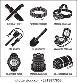 Vector icon set featuring minimalist solid black silhouettes of nine wilderness survival and tactical camping gear items, including a bushcraft knife with sheath, braided paracord bracelet, tactical headlamp, ferrocerium rod fire starter, folding entrenching shovel, open navigation compass, digital wilderness sports watch, tactical military backpack, and a rolled sleeping bag, isolated on a white background.