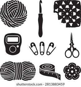 Vector icon set featuring minimalist solid black silhouettes of nine crochet, knitting, and yarn craft accessories, including a large ball of yarn, ergonomic crochet hook, corner granny square motif, digital row counter, set of safety pins, embroidery scissors, wrapped yarn skein, curled measuring tape, and a small crocheted flower patch, isolated on a white background.