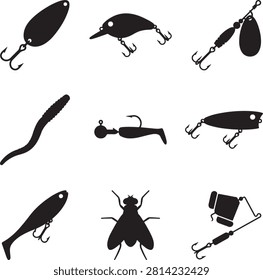 Vector icon set featuring minimalist solid black silhouettes of nine individual fishing lure and artificial bait designs, showcasing various styles of angling tackle including a spoon lure, crankbait, inline spinner, plastic worm, soft swim jig with jig head, topwater popper, paddle tail minnow bait, fly fishing artificial insect, and a buzzbait spinner, isolated on a white background.