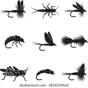 Vector icon set featuring minimalist solid black silhouettes of nine individual fly fishing artificial insect bait and nymph designs, showcasing various styles of fly tying gear including dry flies, stonefly nymphs, woolly buggers, scuds, mayflies, midge pupae, and a grasshopper terrestrial fly lure, isolated on a white background.