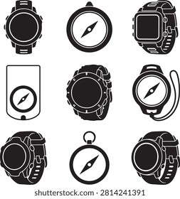 Vector icon set featuring minimalist solid black silhouettes of nine individual wristwatches and navigational compasses, showcasing various styles of outdoor tactical gear including digital smartwatches, rugged sports watches, analog chronographs, magnetic compasses, handheld baseplate compasses, pocket compasses, and lanyard-attached tracking instruments, isolated on a white background.