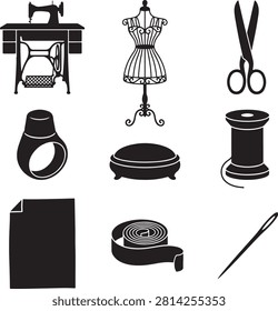Vector icon set featuring minimalist solid black silhouettes of nine individual sewing, tailoring, and dressmaking tools, showcasing a collection of traditional craftsmanship equipment including a vintage treadle sewing machine table, wire mannequin dress form, fabric shears scissors, metal thimble ring, pincushion, spool of sewing thread, sheet of pattern paper, rolled measuring tape, and a sewing needle, isolated on a white background.