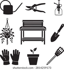 Vector icon set featuring minimalist solid black silhouettes of nine individual gardening and plant care items, showcasing various styles of backyard cultivation gear including a classic watering can, pruning shears clippers, a glass spray mister bottle, macrame hanging plant basket, wooden garden bench or slatted potting table, hand trowel shovel, protective work gloves, a small seedling growing in a flower pot, and a digital soil moisture meter tester probe, isolated on a white background.
