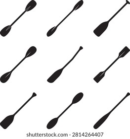 Vector icon set featuring minimalist solid black silhouettes of nine individual paddles and oars, showcasing a diverse collection of water sports and rowing equipment including double-bladed kayak paddles, single-bladed canoe oars, stand-up paddleboarding (SUP) paddles, and traditional rafting or boating blades, isolated on a white background.