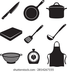 Vector icon set featuring minimalist solid black silhouettes of nine individual paddles and oars, showcasing a diverse collection of water sports and rowing equipment including double-bladed kayak paddles, single-bladed canoe oars, stand-up paddleboarding (SUP) paddles, and traditional rafting or boating blades, isolated on a white background.