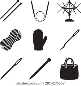 Vector icon set featuring minimalist solid black silhouettes of nine individual knitting, crocheting, and yarn craft items, showcasing a collection of wool needlework tools and winter accessories including a pair of straight knitting needles, circular flexible knitting needles, an umbrella-style yarn swift winder, a skein ball of yarn, a knitted winter mitten glove, a bent-tip crochet hook needle, a large tapestry sewing needle, a single straight knitting needle with stopper, and a canvas craft tote bag, isolated on a white background.