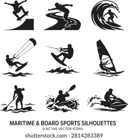 Vector icon set featuring minimalist solid black silhouettes of nine individual maritime and board sports action poses, showcasing a diverse collection of extreme water sports and board activities with a bottom text label including a skateboarder launching off a quarterpipe ramp, downhill longboarder riding a winding road, ocean wave surfer tube riding, kitesurfer flying above water, wakeboarder catching air, windsurfer cruising under sail, stand up paddleboarder (SUP), whitewater kayaker paddling through rapids, and a jet skier speeding through waves, isolated on a white background.