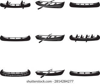 Vector icon set featuring minimalist solid black silhouettes of nine individual small boats, canoes, and rowboats, showcasing a collection of traditional watercraft and recreational paddling equipment including canoes with paddlers, wooden rowboats with oars, empty open canoes, and multi-person team rowing boats, isolated on a white background