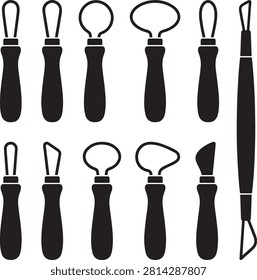 Vector icon set featuring minimalist solid black silhouettes of eleven individual pottery and clay sculpting tools, showcasing a collection of ceramic studio ribbon tools and modeling equipment including various wooden-handled loop tools with diverse metal wire shapes for carving, trimming, and shaving, alongside a double-ended detail modeling tool, isolated on a white background.