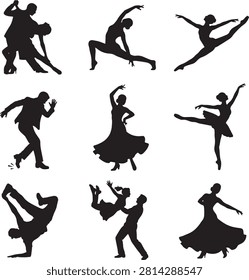Vector icon set featuring minimalist solid black silhouettes of nine individual dancers and dancing couples, showcasing a diverse collection of performing arts and dance styles including ballroom tango, contemporary dance leaps, classic ballet pirouettes, street breakdance handstands, tap dancing, swing dance lifts, and elegant flamenco or salsa poses, isolated on a white background