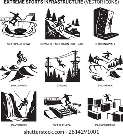 Vector icon set featuring minimalist solid black silhouettes of nine individual extreme sports infrastructure locations, showcasing outdoor adventure venues and action sports facilities with text labels including a skatepark bowl pool rider, a downhill mountain bike forest trail, an indoor or outdoor climbing wall, dirt bmx jumps with a cyclist catching air, a forest canopy zipline course, a snowpark freestyle snowboarding jump, a canyoning waterfall rappel, a street-style skate plaza with stairs and rails, and an urban parkour park obstacle course, isolated on a white background.