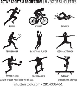 Vector icon set featuring minimalist solid black silhouettes of nine individual active sports and recreation activities, showcasing a collection of athletic disciplines and outdoor fitness pursuits with text labels including a sprinting runner, a cyclist riding a bicycle, a freestyle swimmer in the water, a tennis player swinging a racket, a basketball player leaping for a shot, a person doing a yoga practitioner warrior pose stretch, a soccer player kicking a football, a skateboarder riding a skateboard, and a gymnast performing a handstand balance on a beam, isolated on a white background.