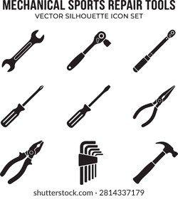 Vector icon set featuring minimalist solid black silhouettes of nine individual mechanical sports repair tools, showcasing a collection of workshop maintenance and bike tune-up hardware equipment with a top text label including a double open-ended spanner wrench, a socket ratchet wrench handle, a precision torque wrench, a phillips screwdriver, a flathead screwdriver, long-nose pliers, combination pliers, a folded set of hex allen keys, and a classic claw hammer, isolated on a white background.