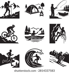Vector icon set featuring minimalist solid black silhouettes of nine individual outdoor adventure and extreme sports activities, showcasing a diverse collection of recreation pursuits including a mountain hiker with a backpack and trekking poles, a forest campsite with a tent and campfire, a fisherman angling next to a boat, a cyclist riding a mountain bike downhill, a kayaker paddling on a river, a rock climber ascending a cliff face, a trail runner sprinting through mountains, a surfer riding a large ocean wave, and a downhill skier traversing snowy slopes, isolated on a white background.