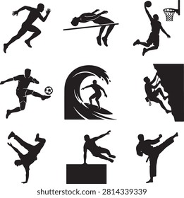 Vector icon set featuring minimalist solid black silhouettes of nine individual dynamic sports, athletics, and action moments, showcasing a collection of extreme recreation and fitness activities including a sprinting track runner, a high jumper clearing the bar, a basketball player executing a slam dunk at the hoop, a soccer player kicking a football, a surfer riding inside a large ocean wave, a rock climber ascending a steep cliff face, a street breakdancer freezing on one hand, a parkour athlete vaulting over an urban obstacle block, and a martial arts fighter executing a high side kick, isolated on a white background.