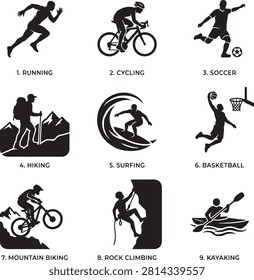 Vector icon set featuring minimalist solid black silhouettes of nine individual popular sports and outdoor adventure activities, showcasing a 3x3 numbered grid of athletic disciplines with clear text labels including a sprinting runner for running, a cyclist for cycling, a soccer player kicking a football for soccer, a mountain backpacker for hiking, a surfer riding an ocean wave for surfing, a basketball player executing a slam dunk for basketball, a cyclist navigating downhill for mountain biking, a climber ascending a cliff face for rock climbing, and a paddler maneuvering a canoe or boat for kayaking, isolated on a white background.