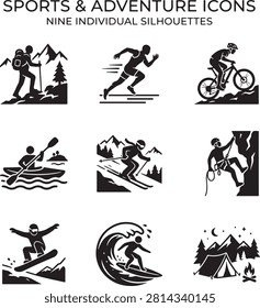 Vector icon set featuring minimalist solid black silhouettes of nine individual popular sports and outdoor adventure activities, showcasing a collection of extreme recreation and fitness pursuits with a top text label including a mountain backpacker for hiking, a sprinting runner, a cyclist riding a mountain bike downhill, a kayaker paddling on water, a downhill skier traversing snowy slopes, a rock climber ascending a cliff face, a snowboarder catching air, a surfer riding a large ocean wave, and a night forest campsite with a tent and campfire, isolated on a white background.