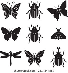 Vector icon set featuring minimalist solid black silhouettes of nine individual geometric origami insects and bugs, showcasing a collection of traditional Japanese paper folding art designs including stylized low-poly butterflies, structural beetles, an origami moth, a geometric dragonfly, and a rhinoceros stag beetle with sharp polygonal lines, isolated on a white background.