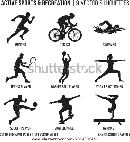 Vector icon set featuring minimalist solid black silhouettes of nine individual active sports and recreation activities, showcasing a collection of athletic disciplines and outdoor fitness pursuits with text labels including a sprinting runner, a cyclist riding a bicycle, a freestyle swimmer in the water, a tennis player swinging a racket, a basketball player leaping for a shot, a person doing a yoga practitioner warrior pose stretch, a soccer player kicking a football, a skateboarder riding a skateboard, and a gymnast performing a handstand balance on a beam, isolated on a white background.